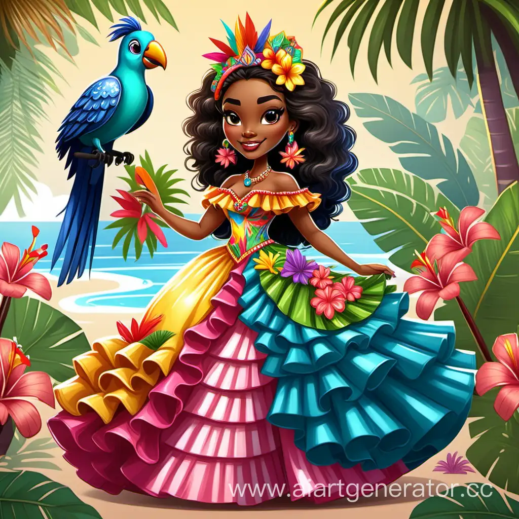 Traditional cartoon styled Caribbean  Princess  Wearing a colorful, ruffled gown inspired by Caribbean culture, adorned with tropical flowers. Pet Companion accompanied by A playful and colorful tropical bird