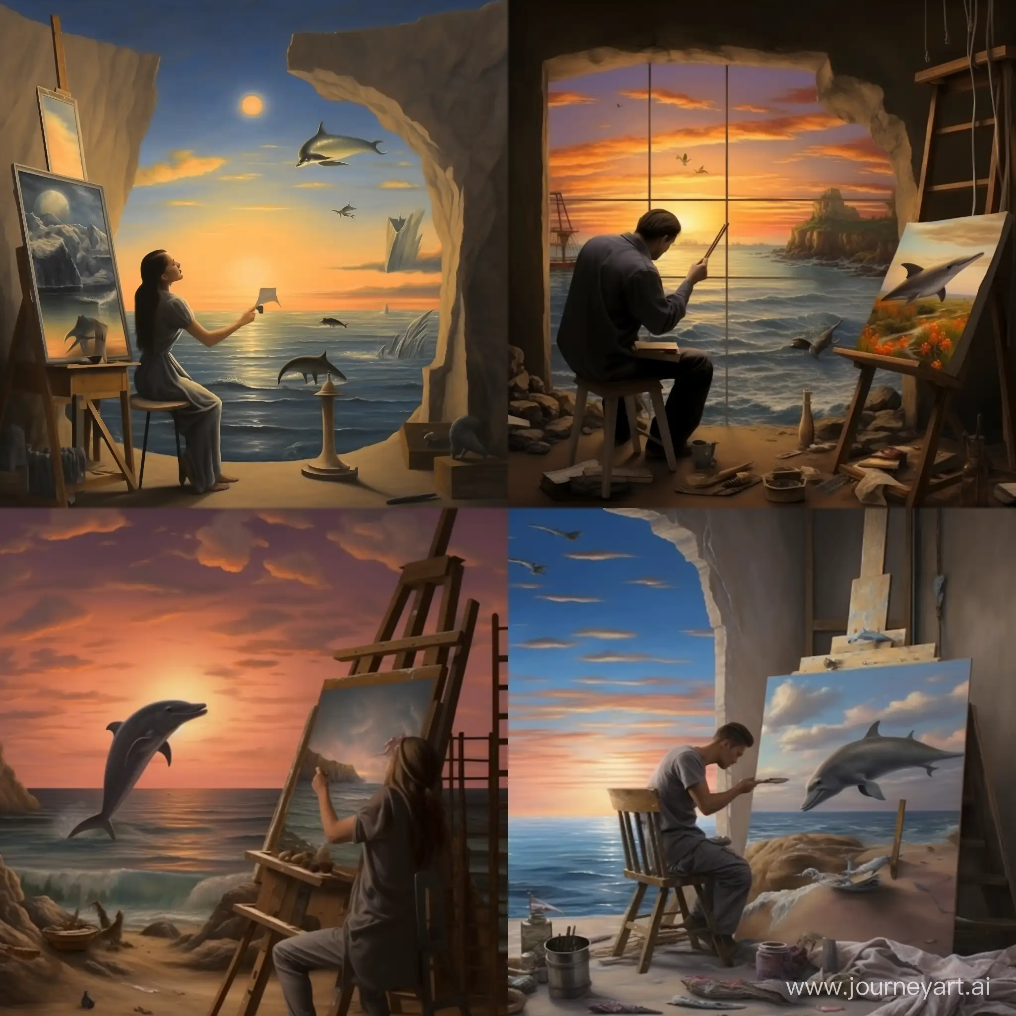 Художник стоит у мольберта и рисует морской пейзаж, рядом стоит ванна из ванны на художника смотрит любопытный дельфин. художественный арт.