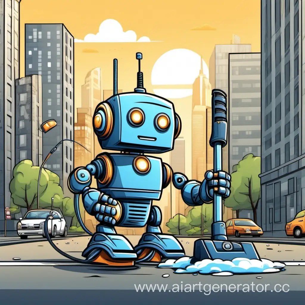 Cartoon-Robot-Cleaner-Exploring-Urban-Landscapes