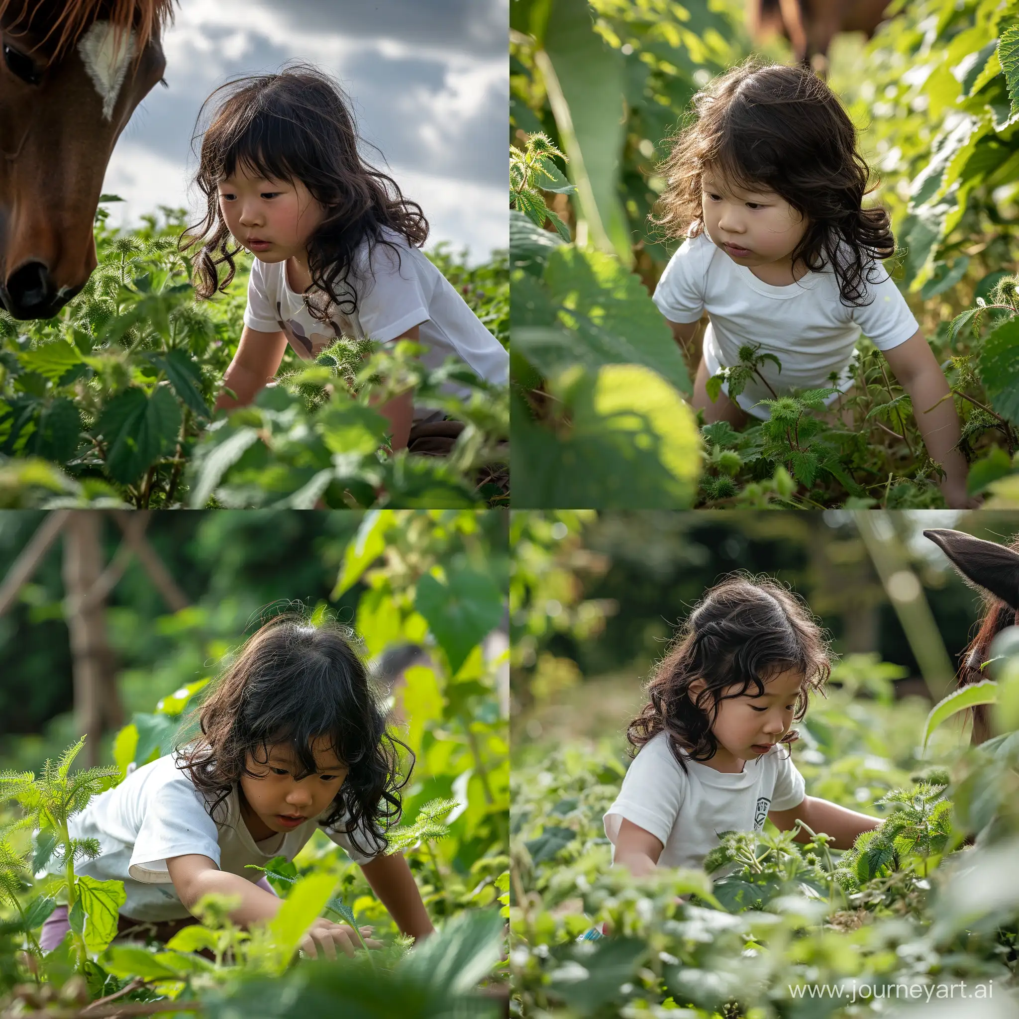 A little girl in a white T-shirt, 4k, with black wavy hair, falls from a horse into nettles,