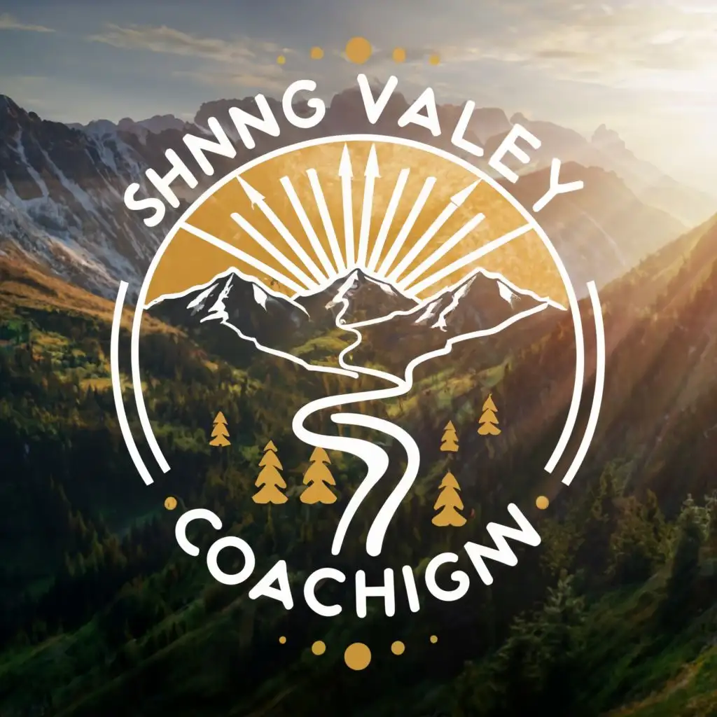 logo, sparkling valley path between mountains into sun rays, with the text "Shining Valley Coaching", typography