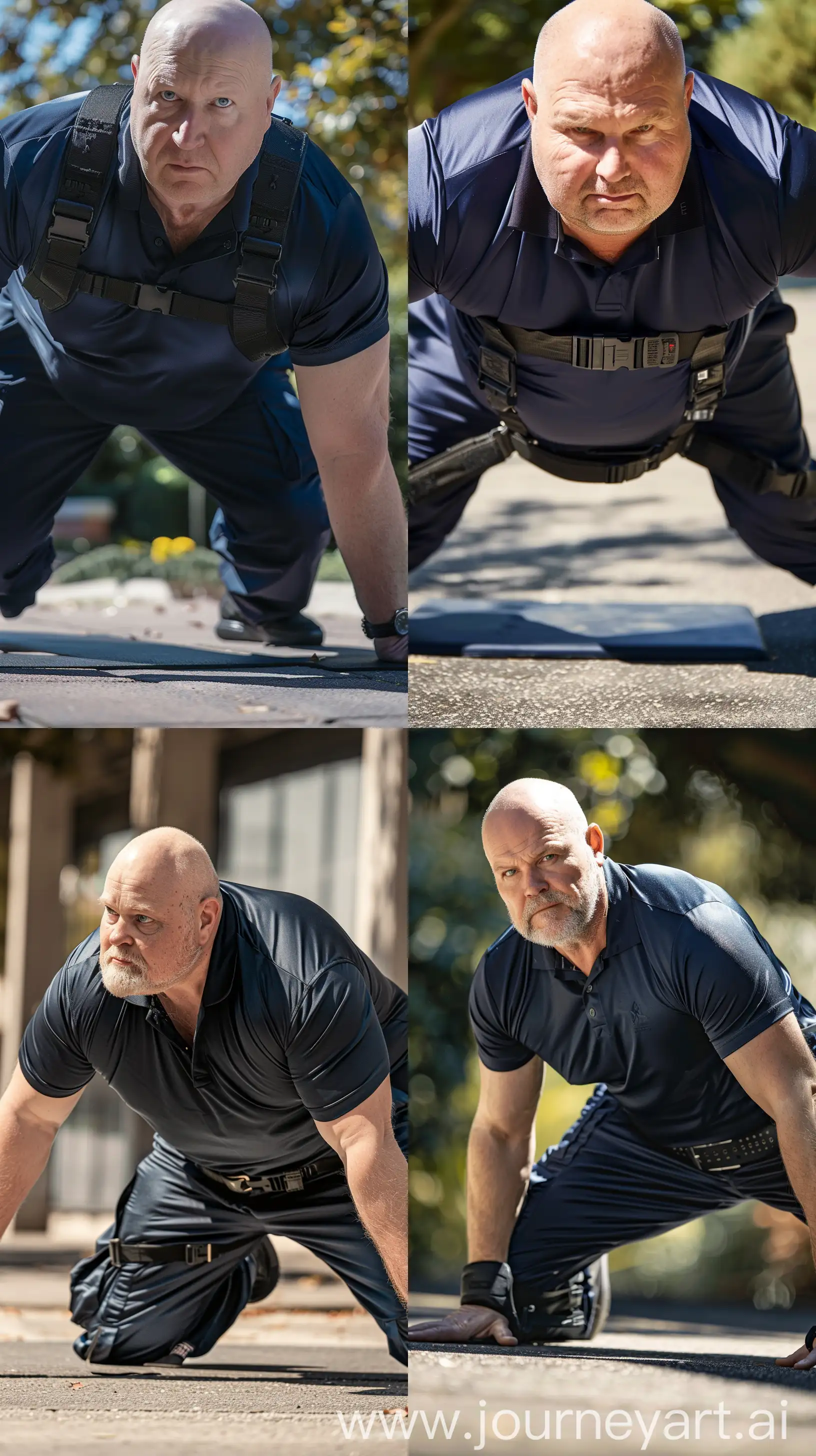 Close-up full body photo of a fat man aged 60 wearing a silk navy slim-fitted battle pants and a tucked in silk navy sport polo. Black tactical belt. Doing planks. Outside. Bald. Clean Shaven. Natural light. --style raw --ar 9:16