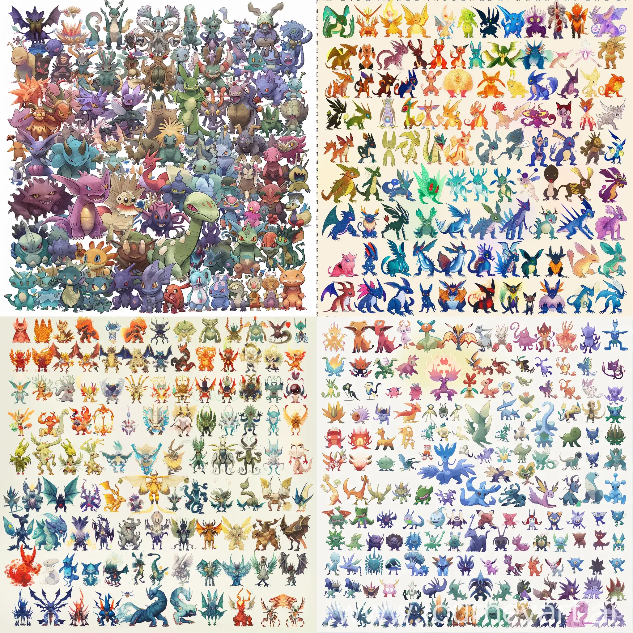 Create a picture with one hundred different types of creatures known as Luminals similar to Pokemon.