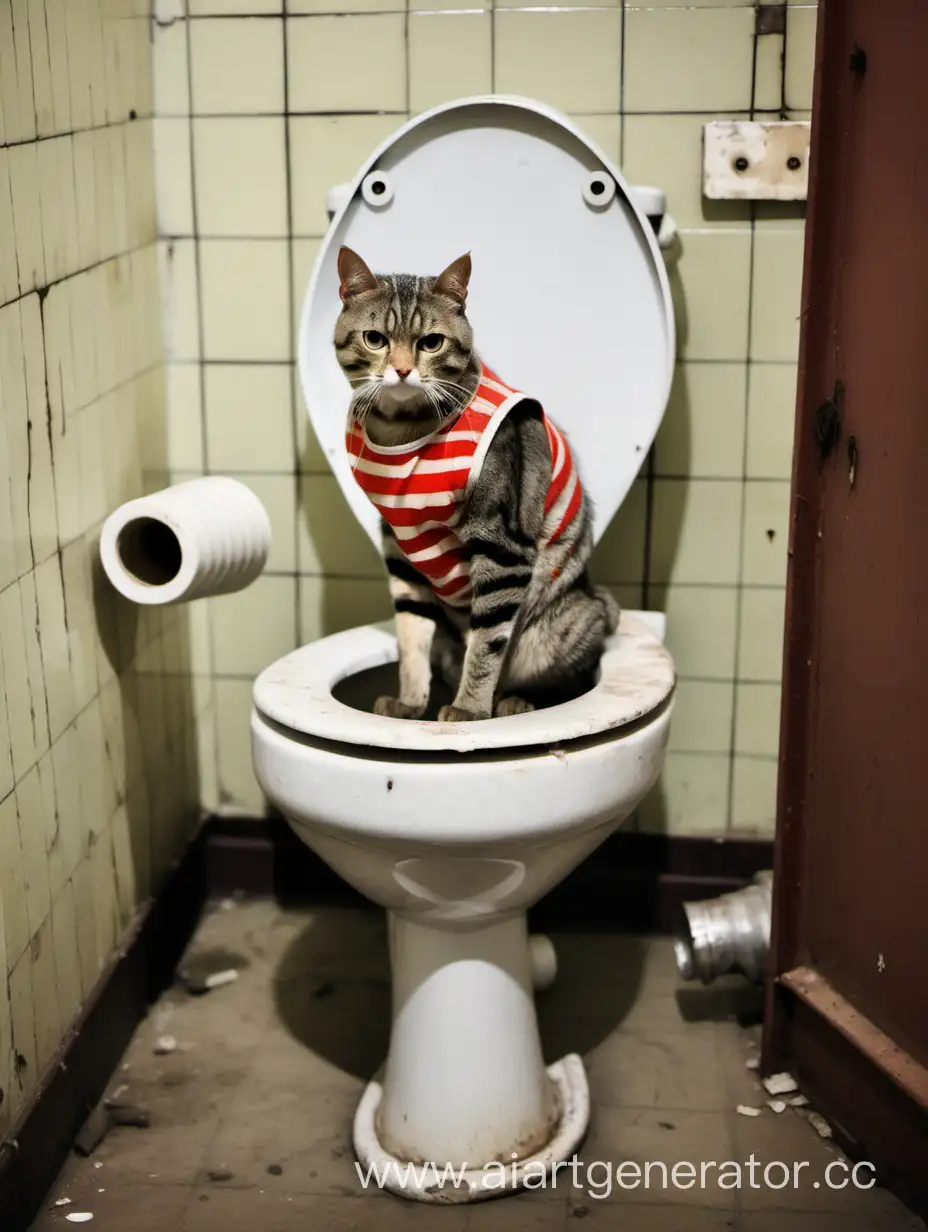 Старый злой кот в тельняшкесидит в советском старом туалете на грязном унитазе