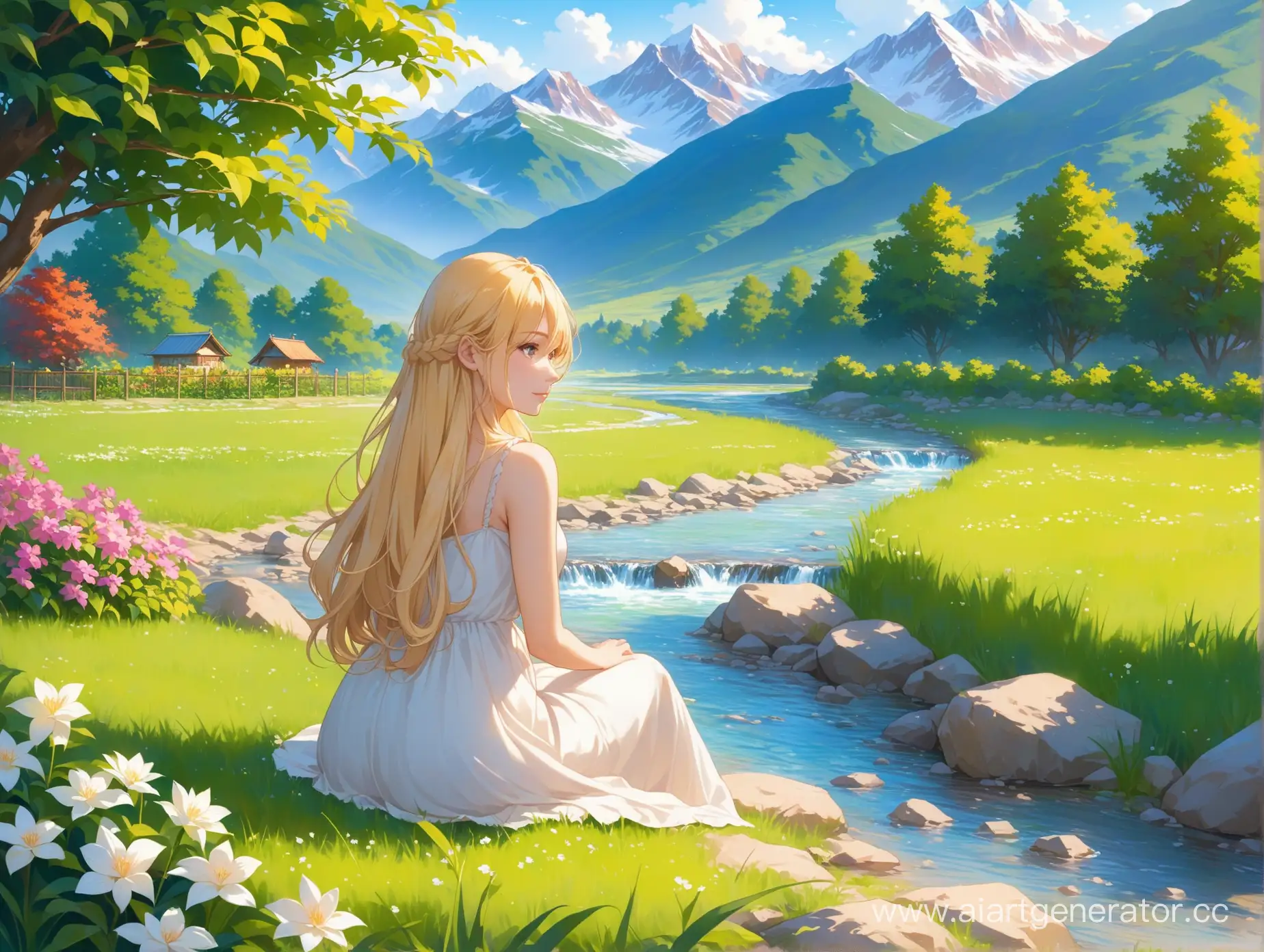 далекие горы, сад у подножия, красивая женщина с длинной русой косой сидит у ручья