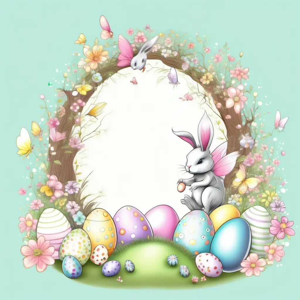 Very Whimsical Easter enchanted,fairy,pastel colors , cartoon, fairytale, white background 