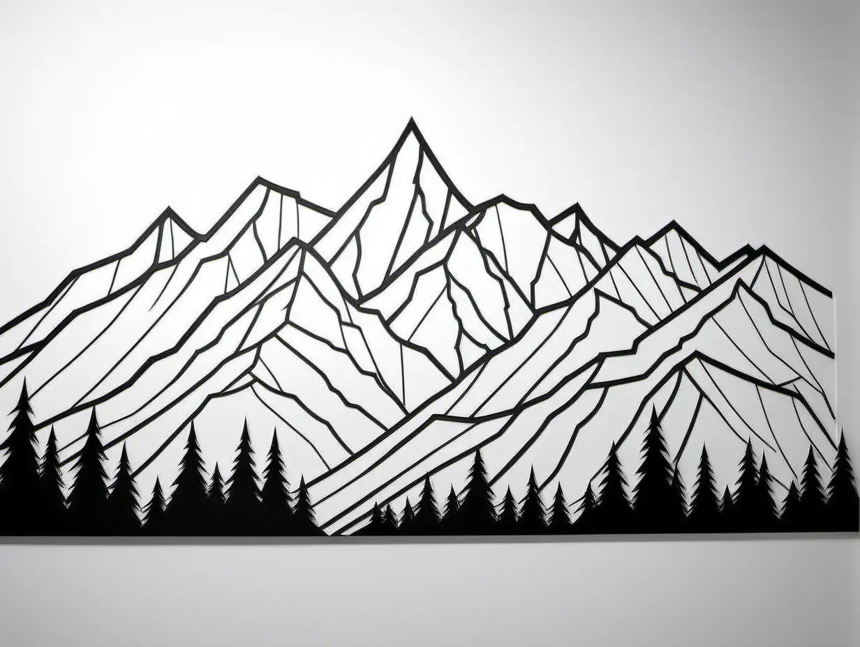 black and white mountain range for cutting out wall art, only mountains, all lines connected