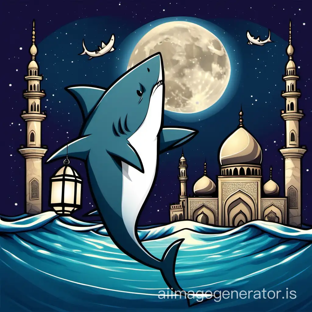 Innocent shark holding Ramadan Lantern with mosque in backround and full moon and the words Ramadan Mubarak at the bottom 