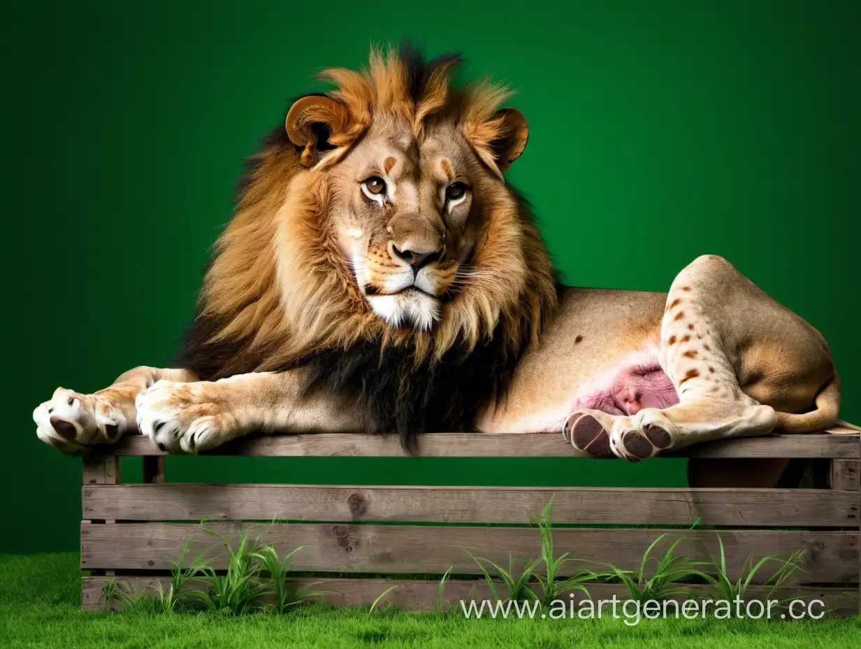 Relaxed-Lion-Resting-on-Wooden-Crate-Against-Verdant-Backdrop