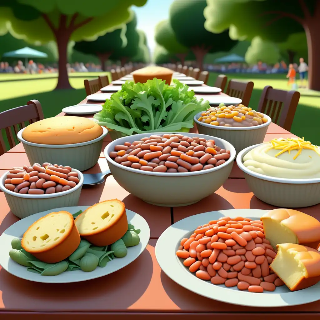 Picnic Delight Cartoon Style Spread of Salad Potato Salad Cornbread Muffins Greens Baked Beans and Carrots in the Park