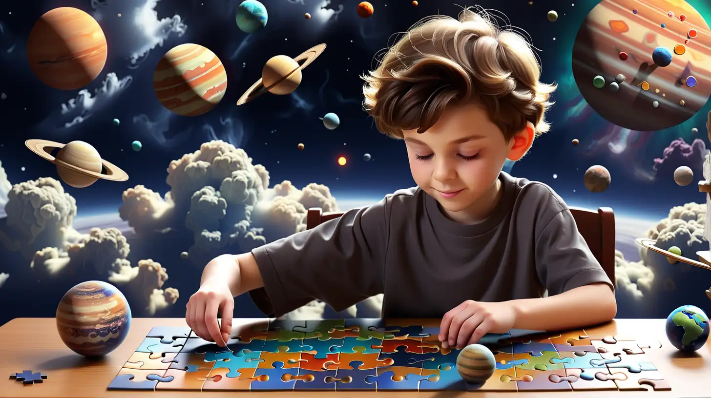 A kid putting together a puzzle at a table with planets  and clouds behind them

