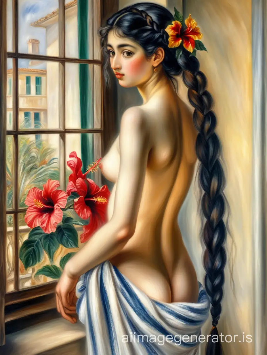 Renoir Style Oil Painting Nude Bengali Maiden by Window with Hibiscus | AI  Image Generator