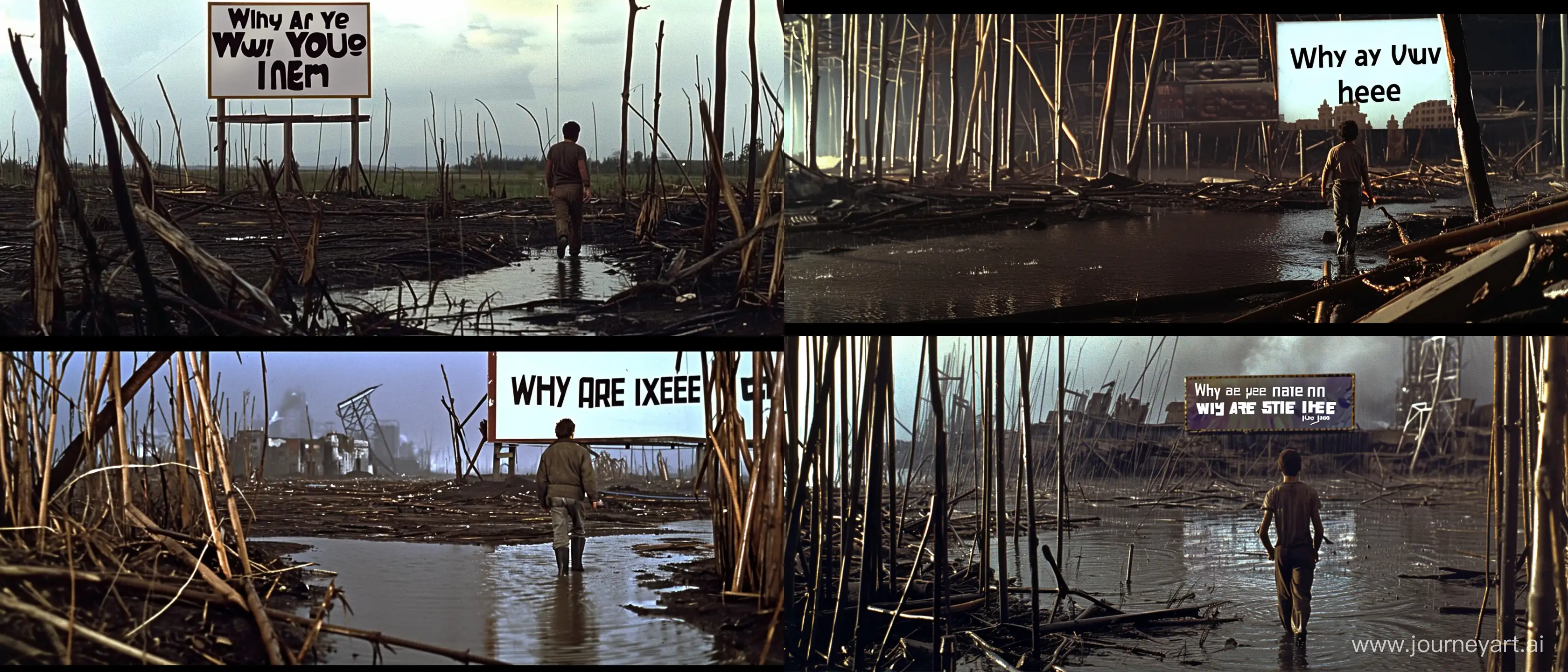A scene from a 1976 science fiction film in which a man walks through a version of his homeland that is destroyed, wet and dirty, covered in endless toxic rain. The man is apparently worried about his family and devastated by the way the place looks now. Behind him, an eye-catching billboard reads "Why Are You Still Here?" --v 6 --ar 21:9 --style raw --stylize 0