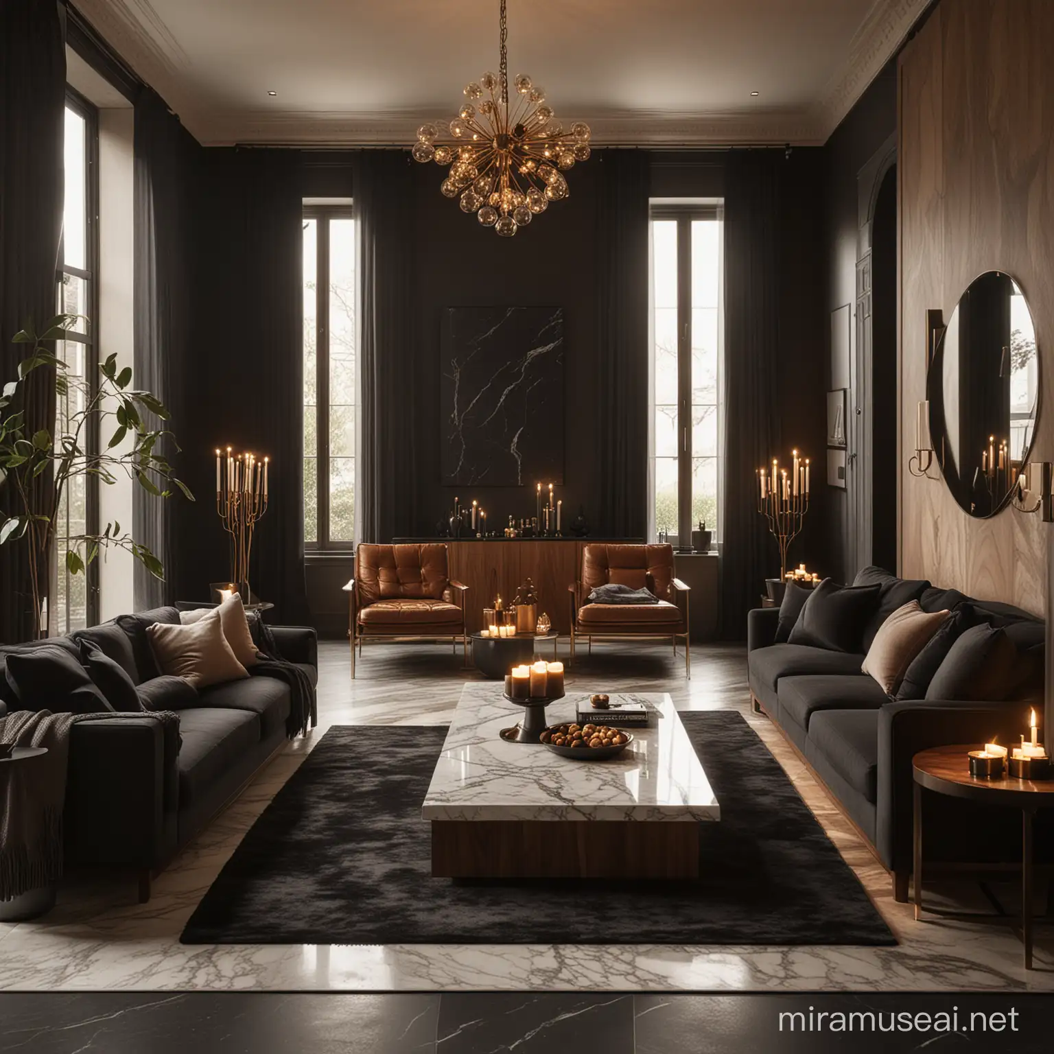 walnut, marble, black living room, warm light, candles