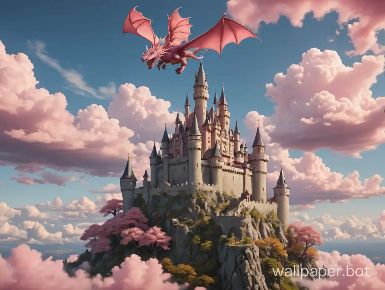 castle floating in the sky with pink clouds and a dragon flying