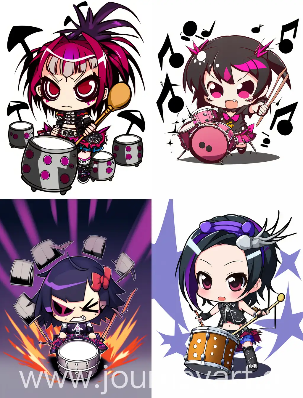 chibi emo girl playing drum, cartoon anime style, strong lines, horror background