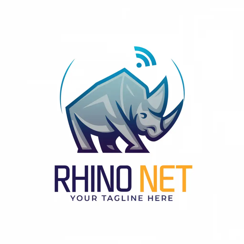 a logo design,with the text "Rhino Net", main symbol:a rhino art with wifi icon,complex,be used in Internet industry,clear background