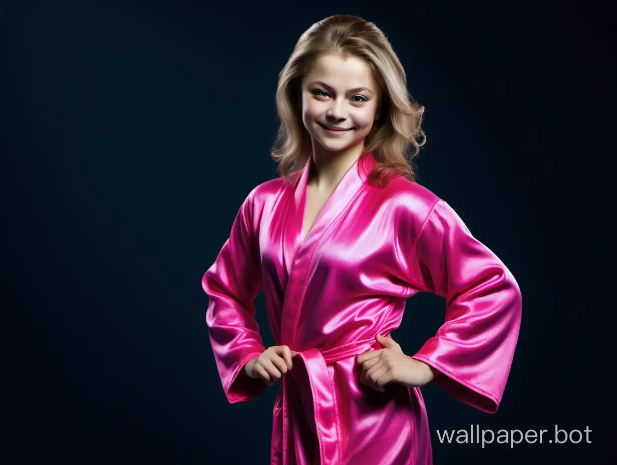 Yulia Lipnitskaya in a bright pink silk robe with her hair down smiles