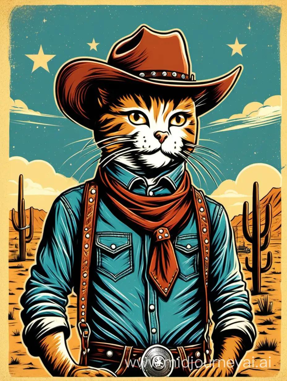 Design a retro-style illustration for T-shirt featuring a cowboy cat set against the backdrop of blue sky with old western theme. No cropping.
