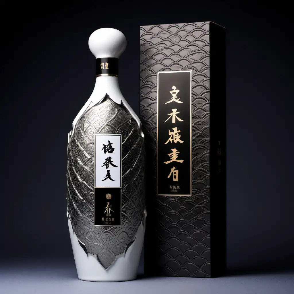 Chinese liquor packaging design, high end liquor, 500 ml ceramic bottle, brand name 玖莼, photograph images, high details, silver and black succinct texture, unique and interesting bottle shape