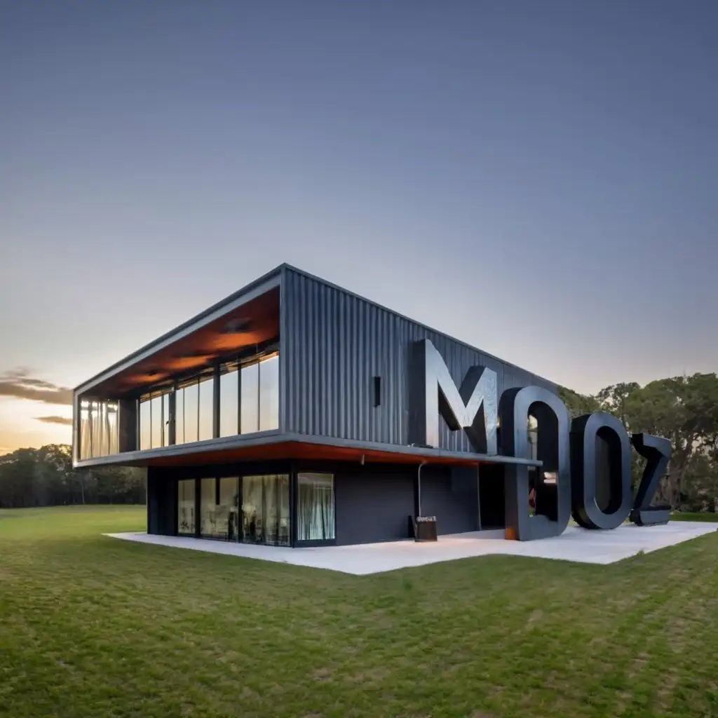 logo, Towering black paddock building, with the text "Mooz", typography