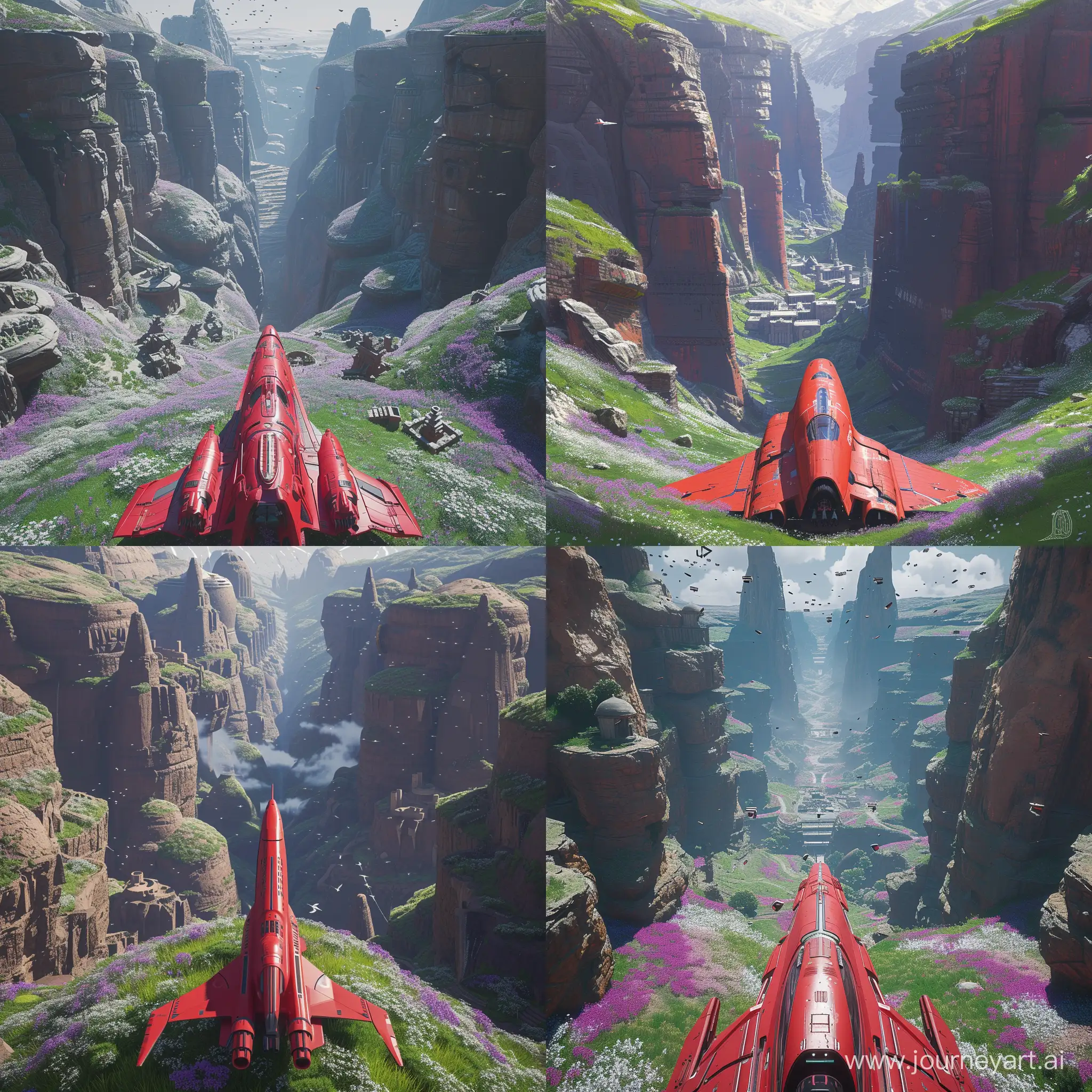 The red spaceship stands with its back to the observer in the lower center of the picture. A huge and deep gorge in front of the observer. To the left and right are high round mountains, sharp at the top, perfectly smooth at the bottom. There are lots of purple and white tiny flowers and bright green grass. several ancient buildings stand on the slopes of the gorge