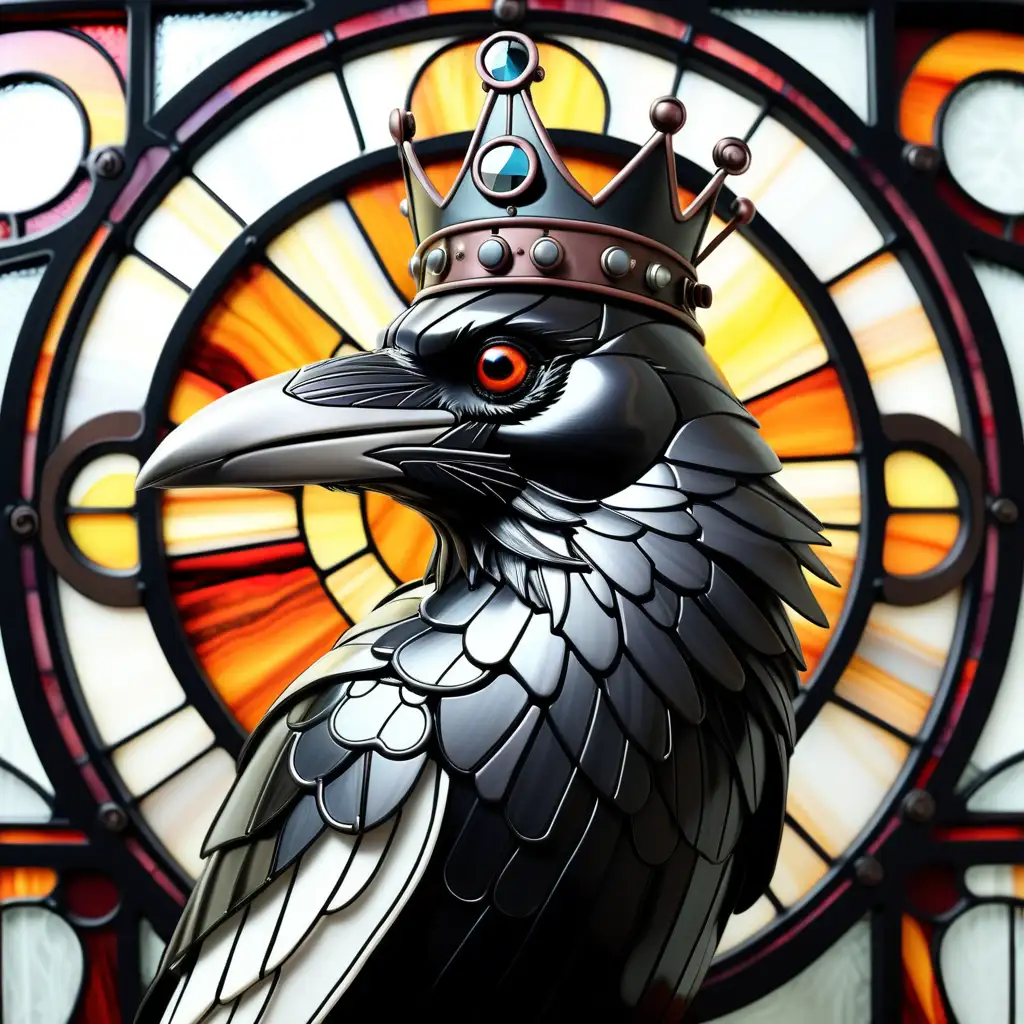 black and white ,stained glass, steampunk , crow head, wearing a crown





