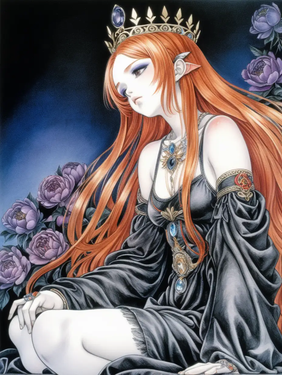 pintada al estilo de Takeshi Obata, en pUna chica palida con el pelo azul largo al estilo de Yoshitaka Amano, final fantasy, y es un cuadro que representa la melancolia humana. Tiene detalles de plumas negras y rosas adornandole la cabeza. Tiene un maquillaje de color purpura y las mejillas anaranjadas. Tiene un vestido largo blanco y negro, con un collar de diamantes negro y una joya azul resplandeciente. Tiene una capa por detras roja y con bordados de oro, arropandola. Tiene pulseras de oro. Tiene una apariencia cansada y triste. El estilo artistico es de Takeshi Obata. Ilustracion a lapiz de cuerpo completo. Perspectiva aerea, tiene una pose sensual. Esta sentada delante de un piano mirando la pared. Hay motivos barrocos. El foco de luz recae sobre ella, es macabro y tenebroso.erspectiva aerea, fondo blanco. Anime retro shoujo. Chica con el pelo rojo largo, la piel blanca muy palida. Esta dormida. Tiene una corona de oro muy grande, SE TAPA LOS PECHOS CON LOS BRAZOS. ESTA DIBUJADA AL ESTILO DE Yoshitaka Amano en acuarelas, en perspectiva aerea, el fondo es negro, en posicion fetal, pintada al estilo de Takeshi Obata. Colores retro shoujo, peonias