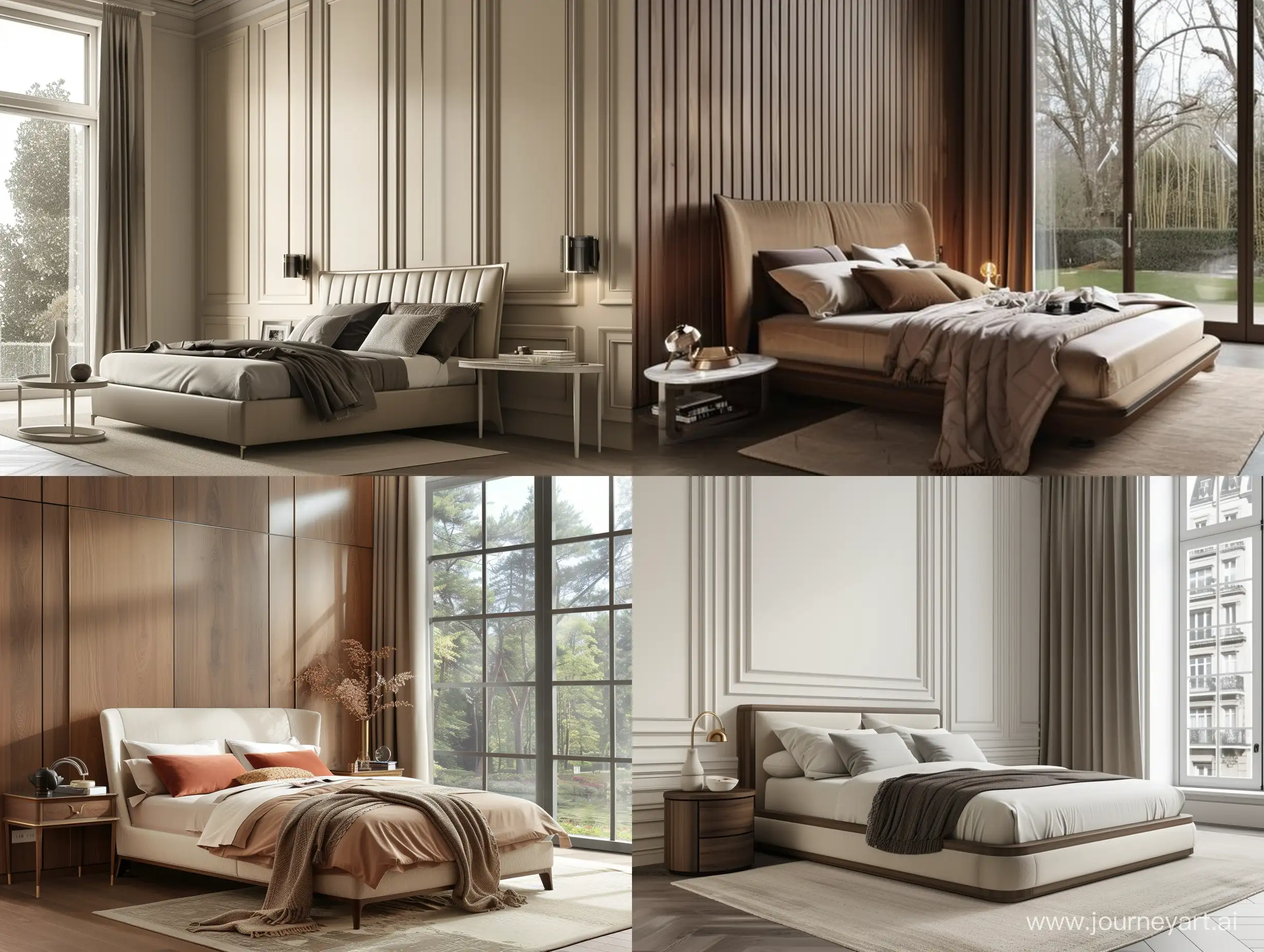 Modern greco roman luxurious bedroom, wall panelling design, bed side tables. Left side table and 50%20of bed is overlapping a tall window behind --v 6 --ar 4:3 --no 22903