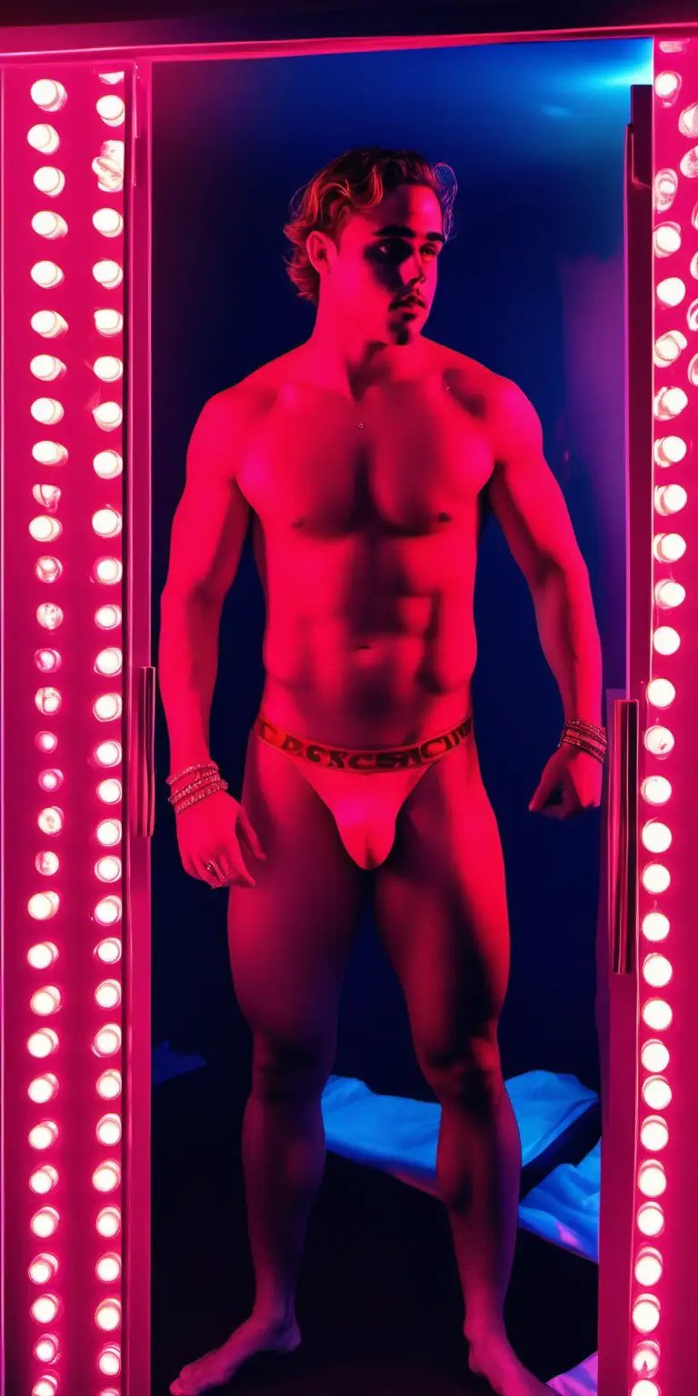 Dacre Montgomery, wearing nothing but red invisible speedo underwear, as a stripper, slightly chubby, a bit stocky, arms above head, looking at himself in the mirror, back side view, back turned, turned on, sexy vibe, colorful neon lights