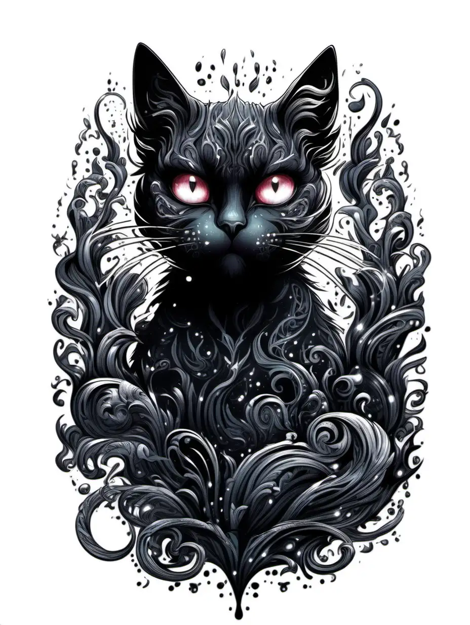 ethereal Bohemian crazy black cat, high contrast explosive liquid ink,  night ornate, detailed illustration, octane render, street art, sticker style, white background