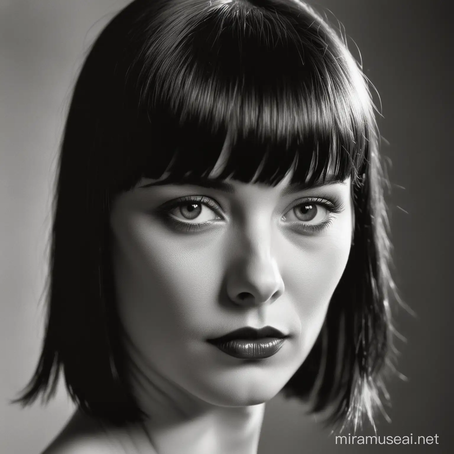A close up head portrait in the style of Helmuth Newton of 25 years old Louise Brooks with long hair