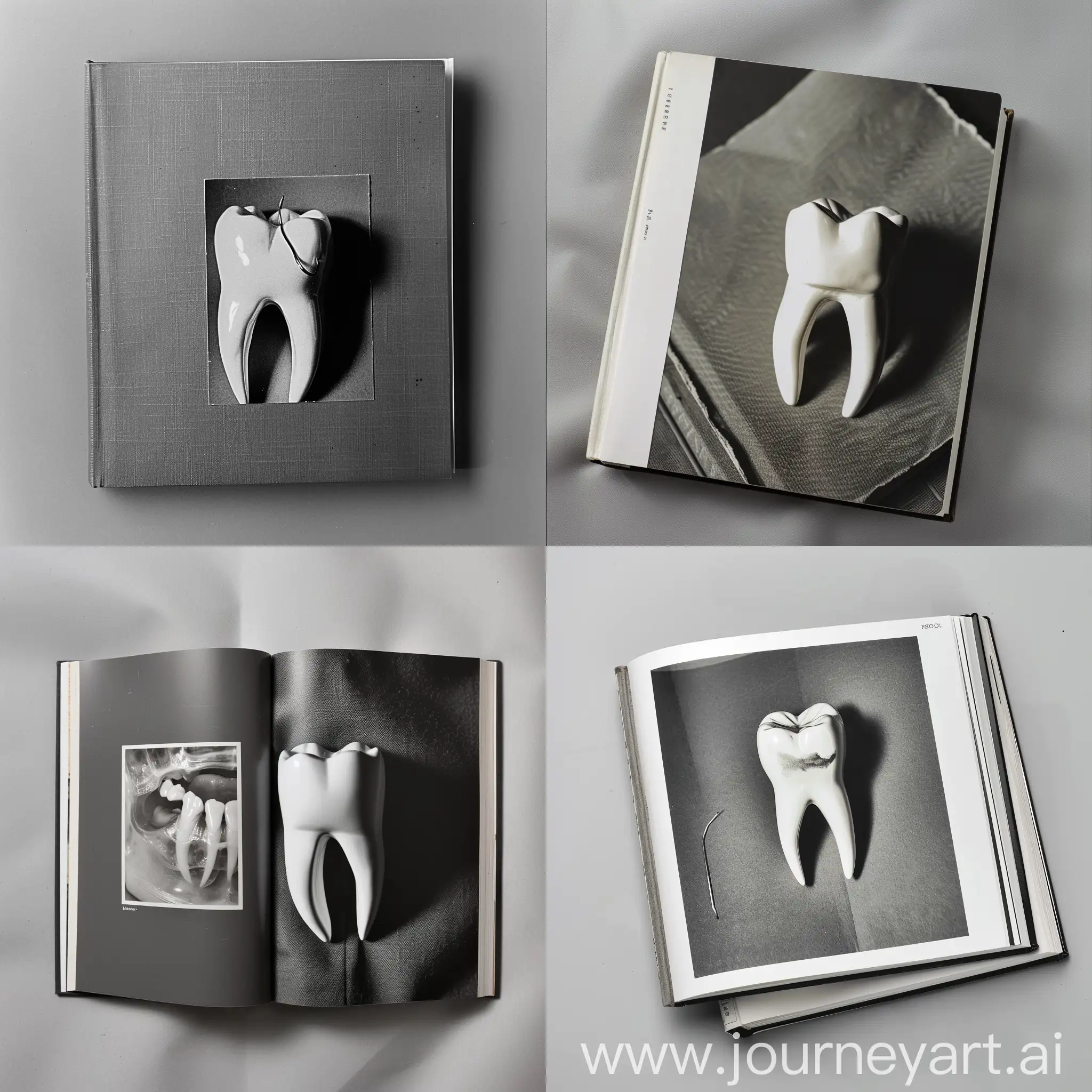 book with a picture of a tooth on the cover, black and white photo, gray uniform background
