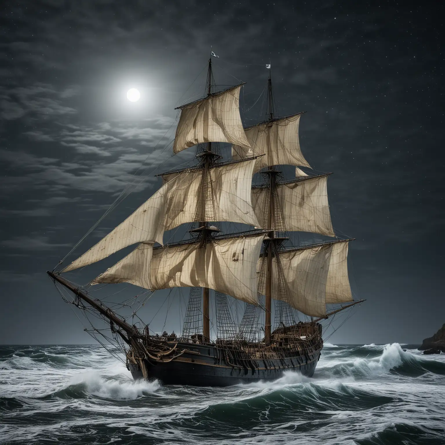 Ghost Ship Sailing in the Night off the Coast of Finistre