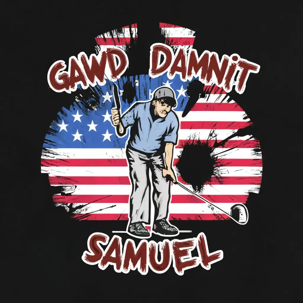 logo, Bad golf shot angry American flag, with the text "Gawd Damnit Samuel", typography