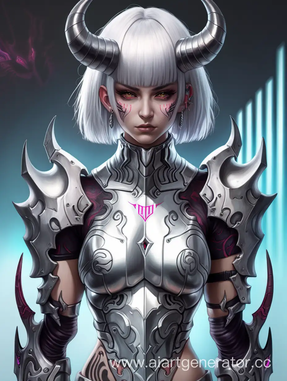 Demon, short white hair with bangs, cyberpunk knight silver armor, tattoo, horns, female character 