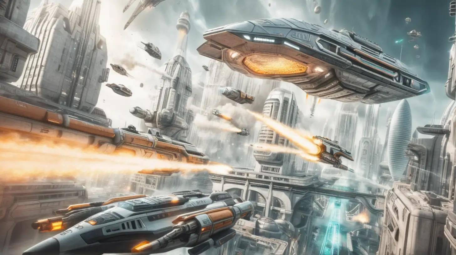 spaceship flying through a futuristic city with guns firing at ship