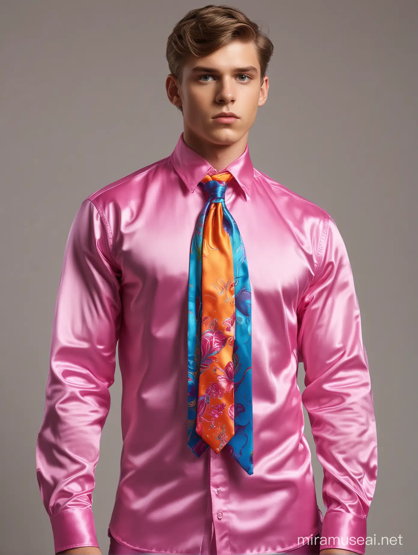 A hyper-realistic full-body portrait photo of 2 twinks in satin speedo wearing a bright colourful shiny satin shirt (((embellishment of large high collar shirt and hyper large tie))) handsome faces, massive bulging chest muscles, detail and size concentration on oversized satin tie