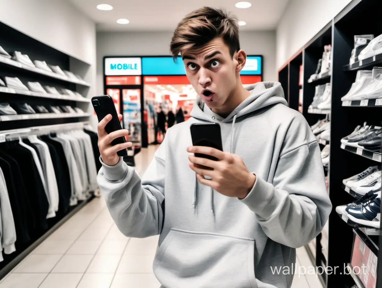 a young man looking completely idiotic, dressed in sweatpants, stares at his terribly oversized thumbs in front of a mobile phone store, a mocking atmosphere