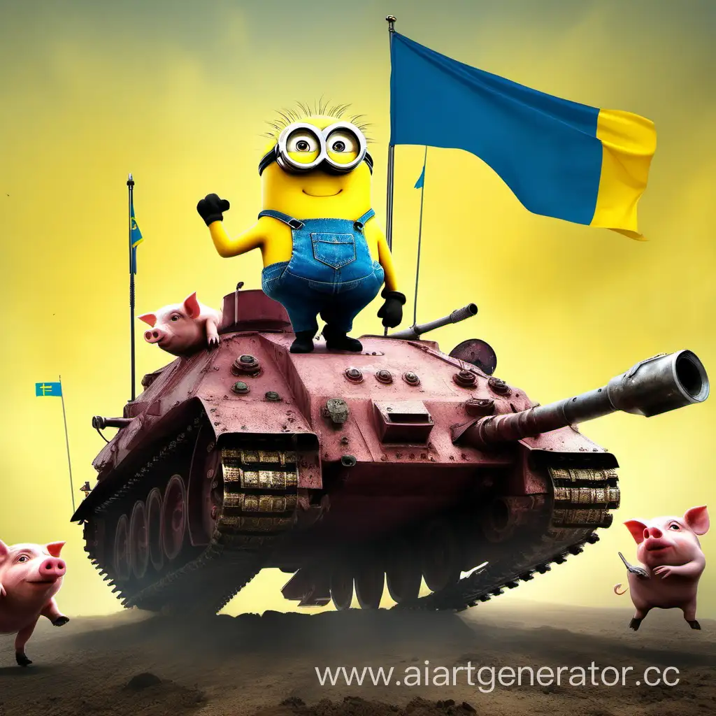 The jock minion smiles and rides on a tank on the flag of Ukraine and has pigs in his arms