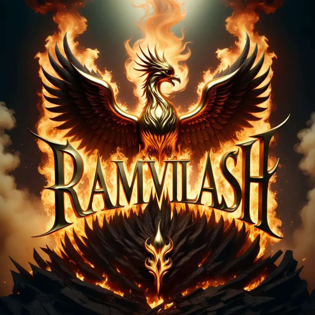 Letter "RAMVILASH " made of elegant gold behind Letter RAMVILASH  with a phoenix on fire demonic realistic , epic royal background, big royal uncropped crown, royal jewelry, robotic, nature, full shot, symmetrical, Greg Rutkowski, Charlie Bowater, Beeple, Unreal 5, hyperrealistic, dynamic lighting, fantasy art


