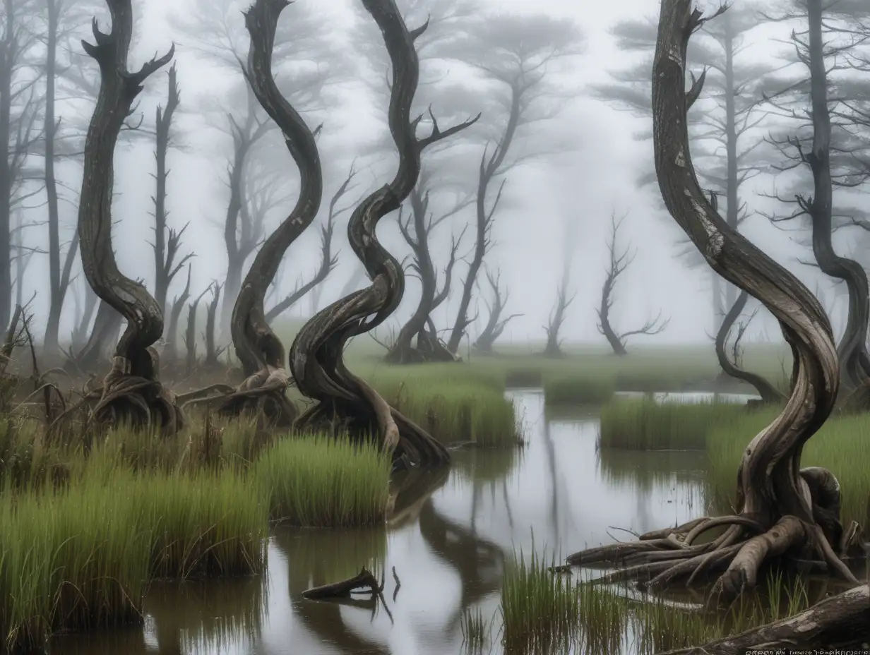 bosque con cienaga , arboles torcidos y niebla