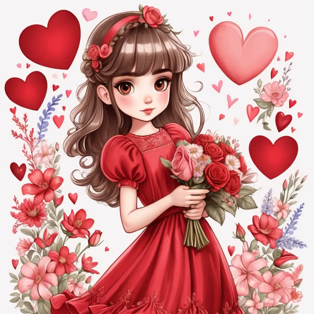 Charming Valentine Girl in a Beautiful Dress with Flowers Cartoon Illustration
