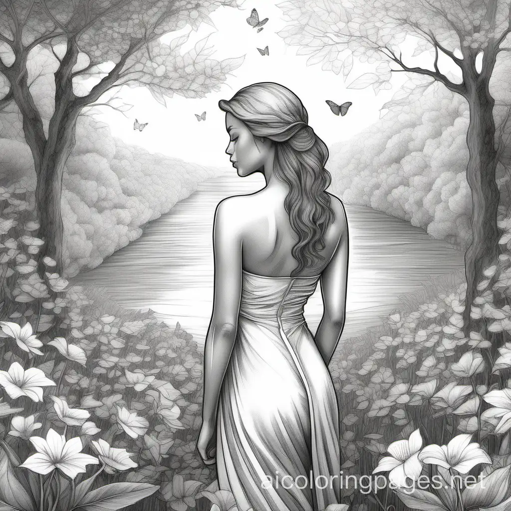 A stunning, cinematic hard pencil drawing by the talented artist Mikaslpz . The illustration captures the Whole full  bodly of a beautiful,  sophisticated woman, showcasing her elegant posture and the perfect curve of her back. Sshe is adorned with delicate flowers, and the background is filled with a serene, natural landscape. The overall atmosphere of the illustration is one of beauty,grace, and harmony with nature., illustration, cinematic , Coloring Page, black and white, line art, white background, Simplicity, Ample White Space. The background of the coloring page is plain white to make it easy for young children to color within the lines. The outlines of all the subjects are easy to distinguish, making it simple for kids to color without too much difficulty
