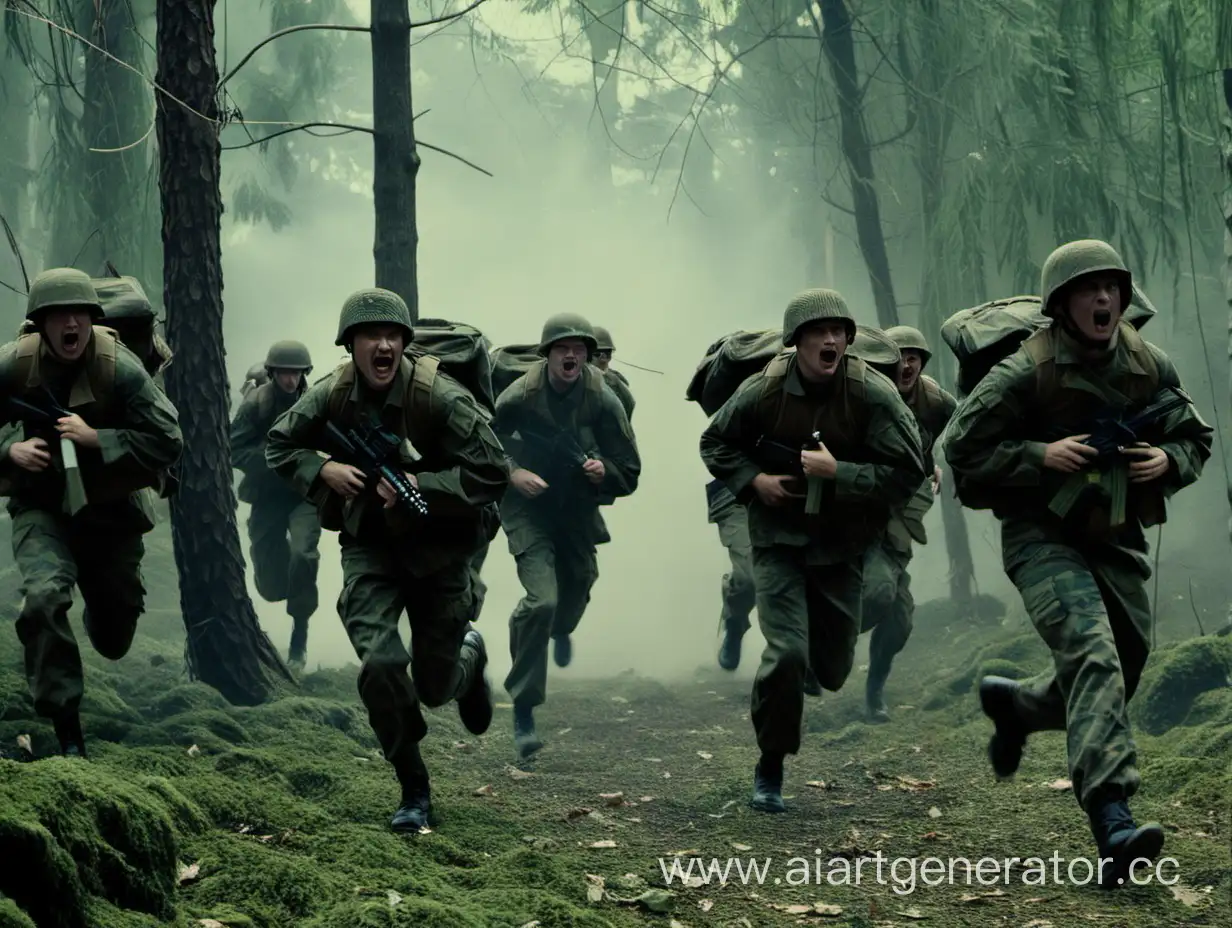Группа солдат бежит по лесу