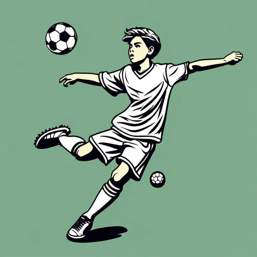 teenager soccer player, hitting ball in air,  thick outline