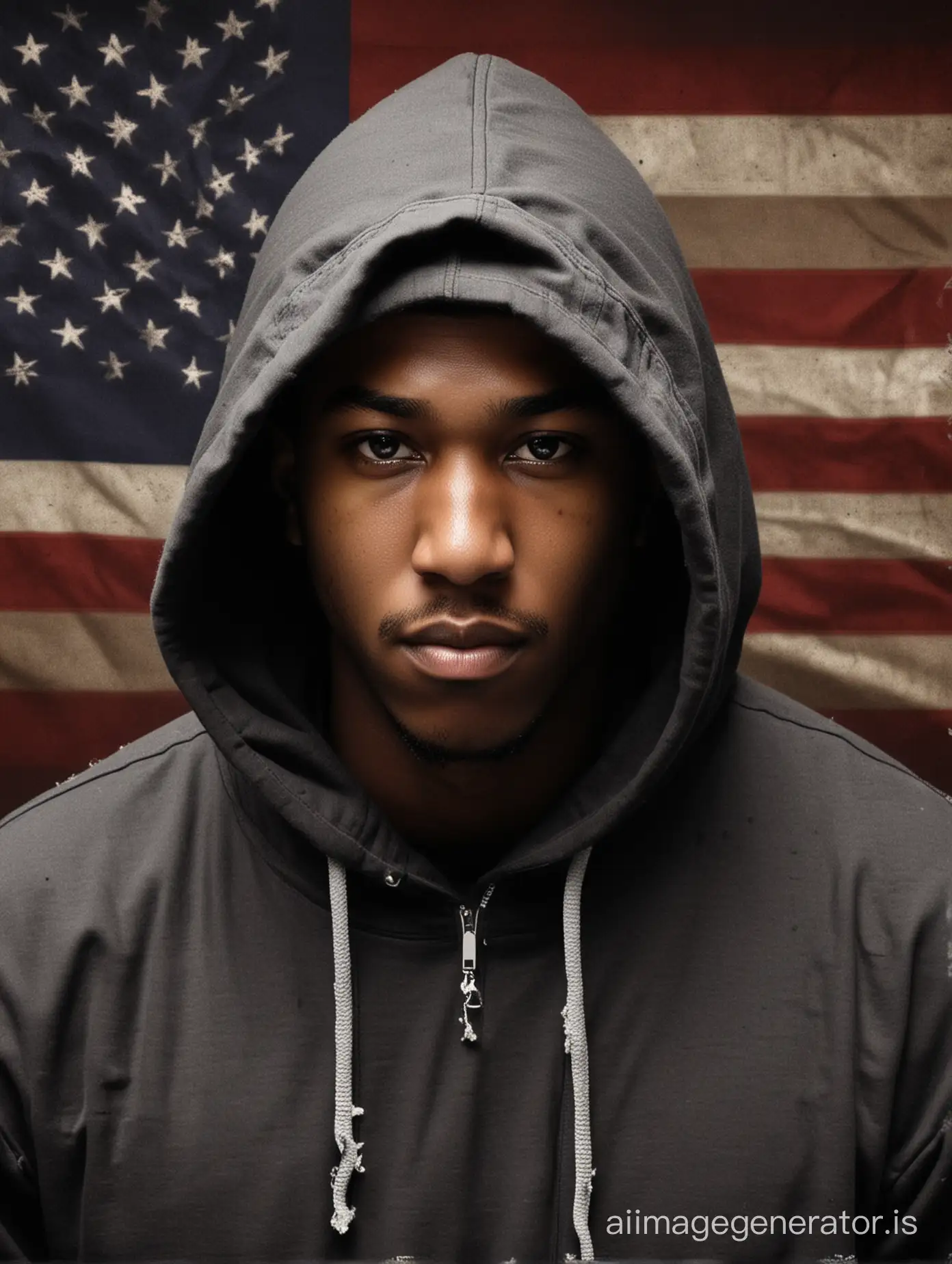 sad Trayvon Martin in a hoodie, in front of tattered American flag