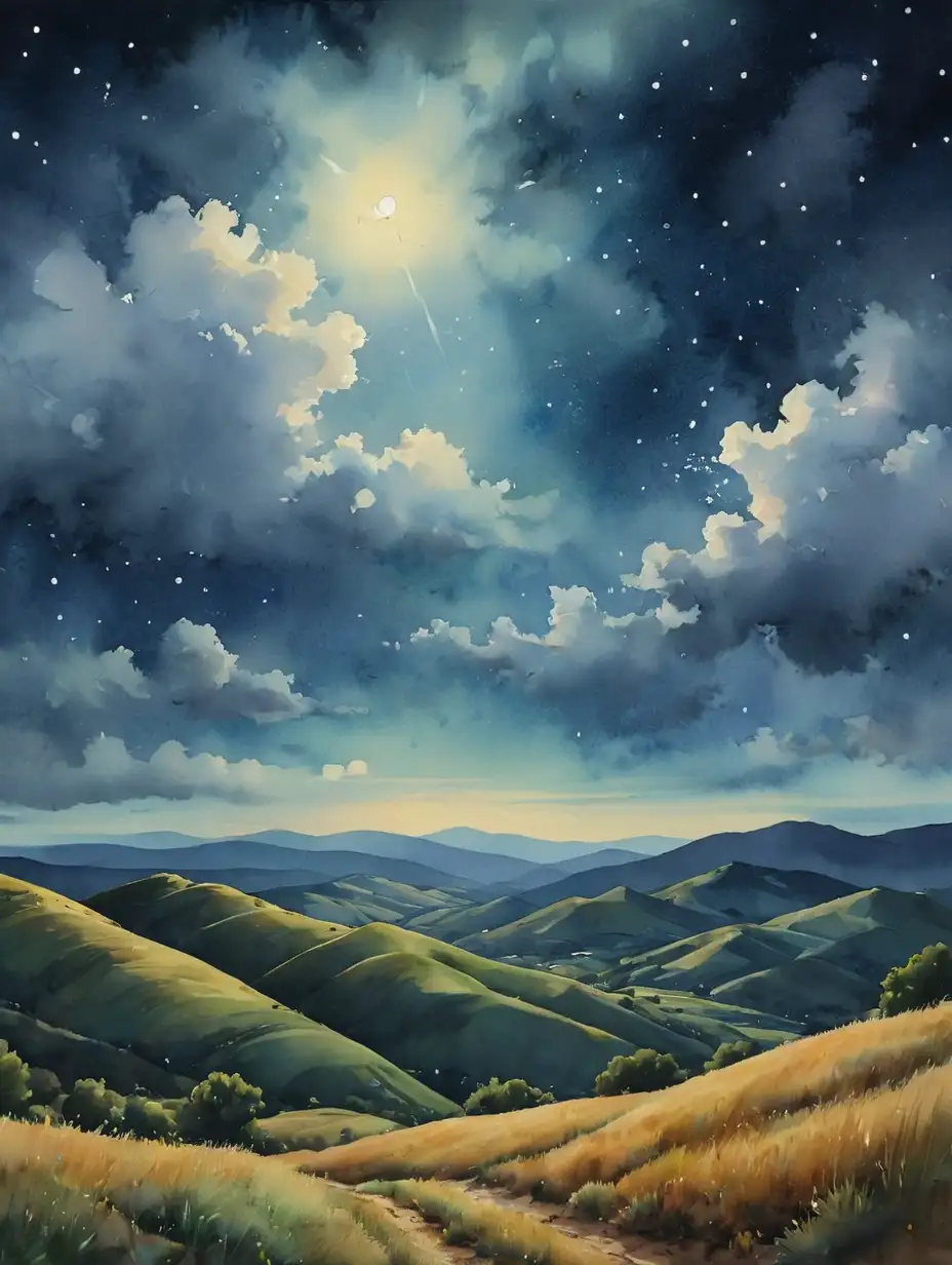 watercolor painting of hills at night with stars and clouds