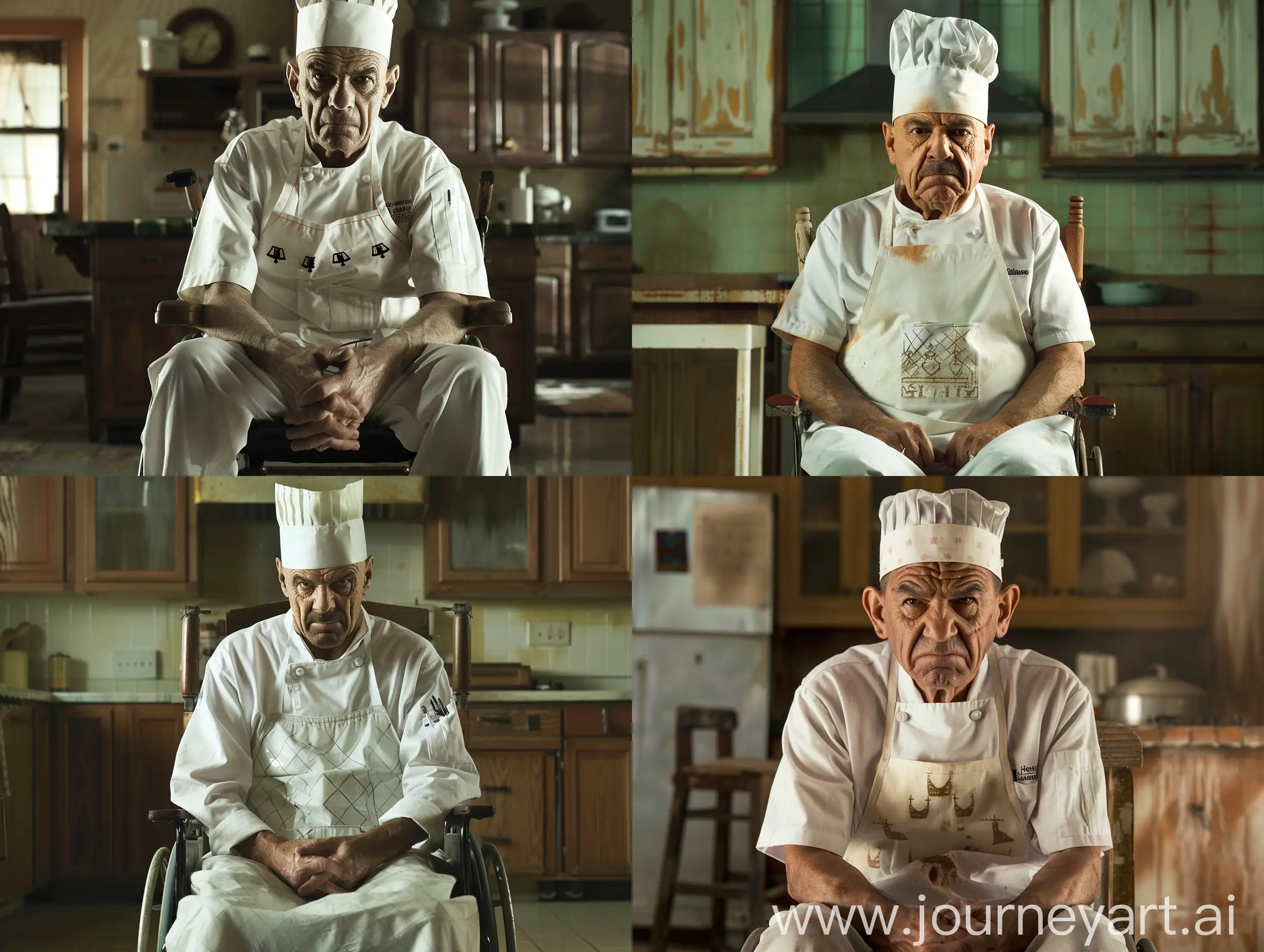 Hector Salamanca (played by Mark Margulies) is bad in Breaking Bad. Hector Salamanca's role in Breaking Bad is a former drug trafficker who communicates only through the use of a bell attached to his wheelchair. Hector Salamanca is sitting on an old wooden chair. Hector Salamanca wearing white chef uniform, Hector Salamanca wearing a chef hat, Hector Salamanca wearing a white kitchen apron with a bell pattern, kitchen background, Hector Salamanca is angry, modern lighting, very high quality picture, very clear, very real,q2
