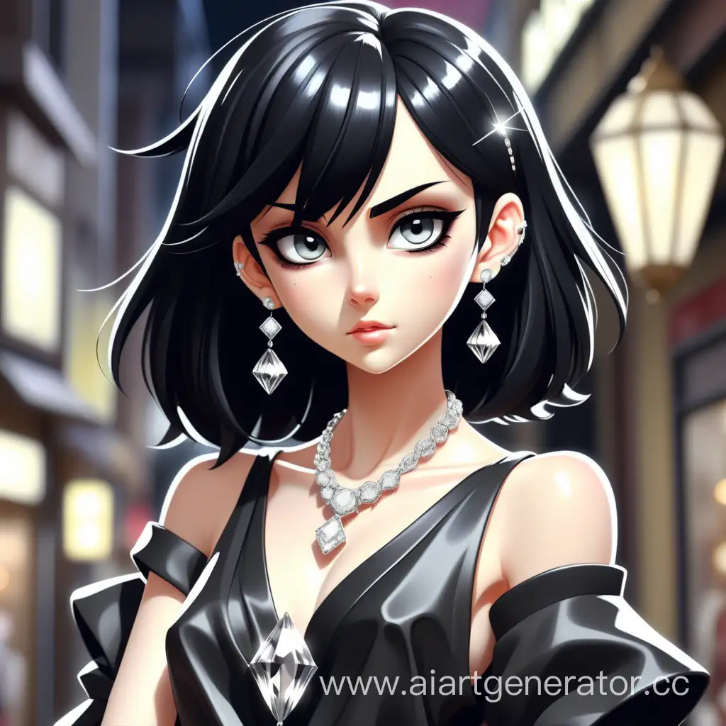 аниме девушка в модной одежде с украшениями с брилиантами чёрные волосы 